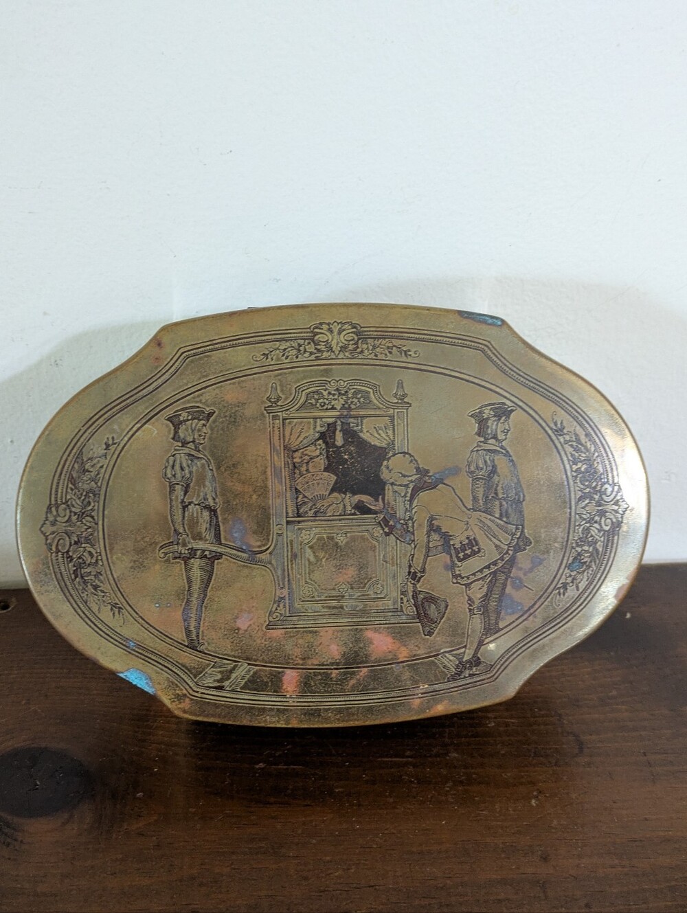 Vintage Schraffts Brass Chocolate Candy Tin Box Etched 18th Century Antique